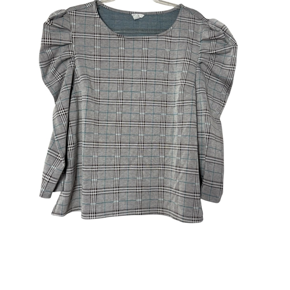 CATO Plaid Top Long Pleated Puff Sleeves Womens XL
